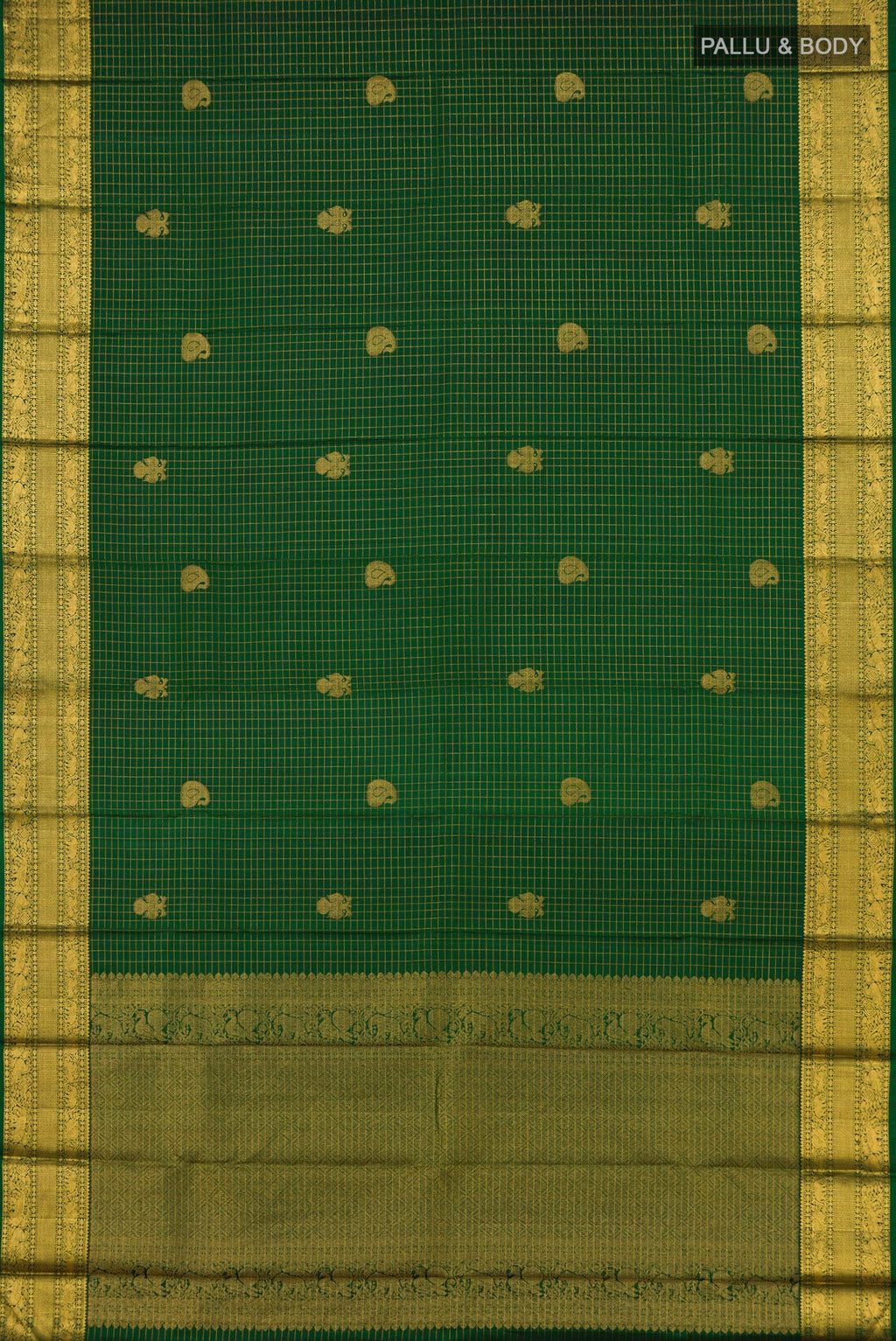 Flat view of Green Kanjivaram Saree with Checked design on the body and Zari Border. 