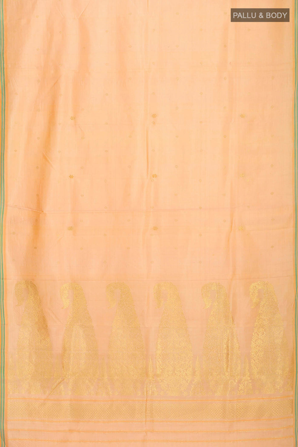 Flat view of Pure Silk Pure Zari Sandal Kanchipuram Saree with Zari Butta on the body and Plain Border