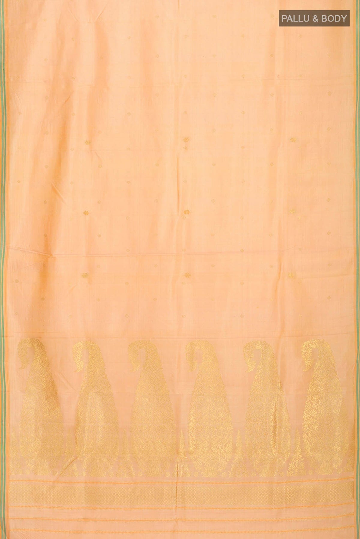 Flat view of Pure Silk Pure Zari Sandal Kanchipuram Saree with Zari Butta on the body and Plain Border