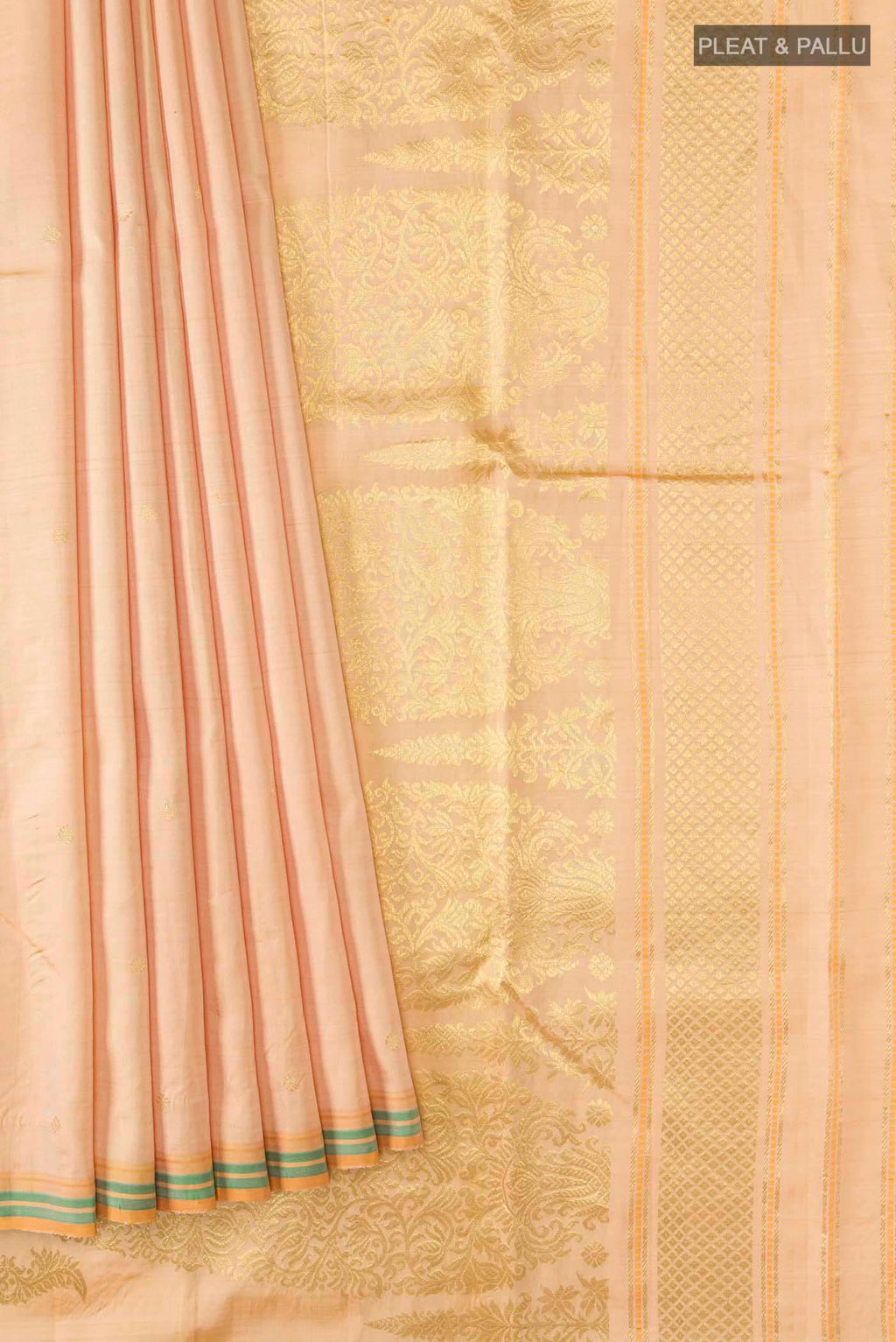 Pleats and pallu of Pure Silk Pure Zari Sandal Kanchipuram Saree with Zari Butta on the body and Plain Border