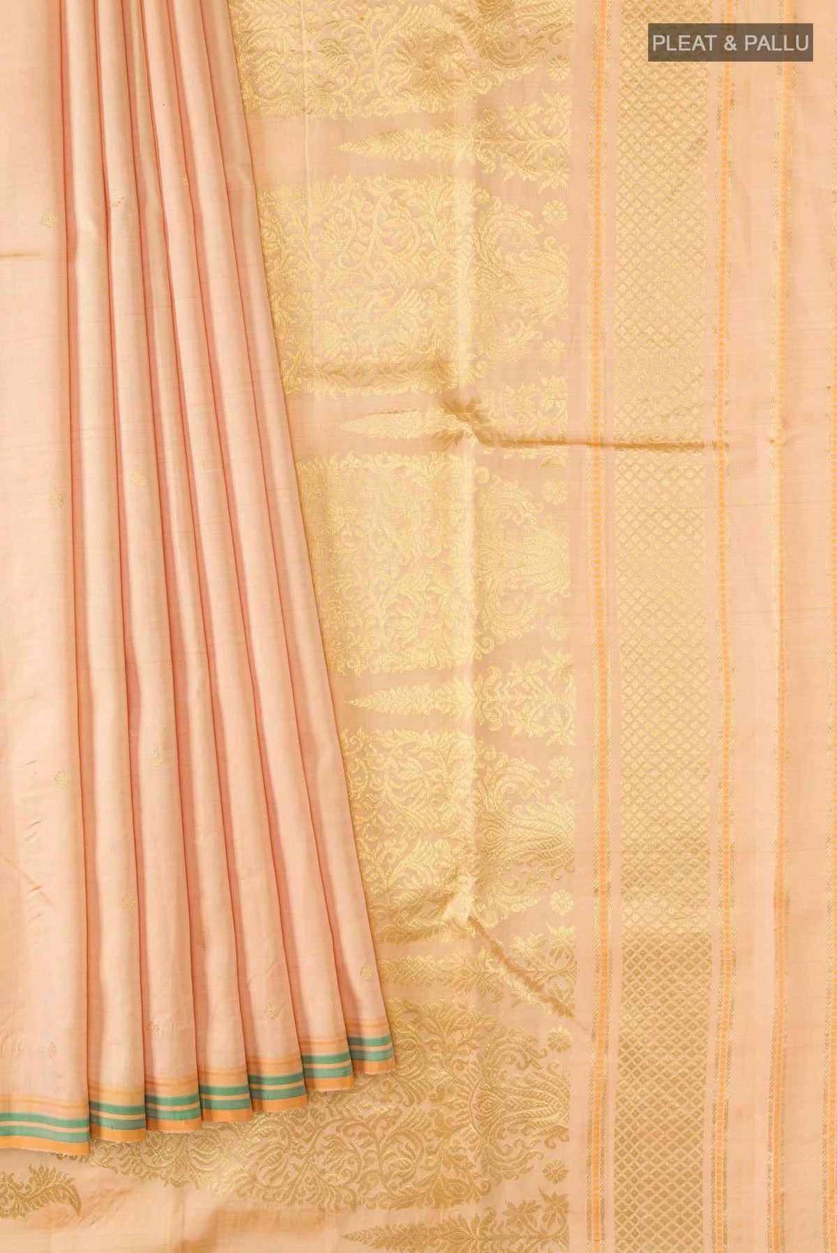 Pleats and pallu of Pure Silk Pure Zari Sandal Kanchipuram Saree with Zari Butta on the body and Plain Border