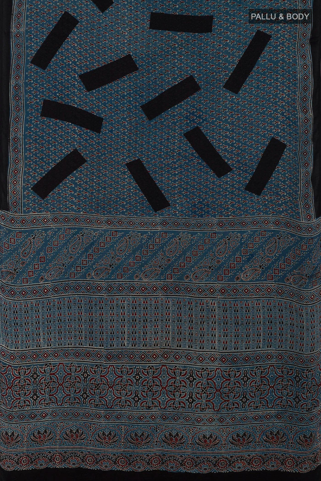 Flat view of Blue Blended Satin Silk Saree with Ajrakh Print on the body and Printed Border. 
