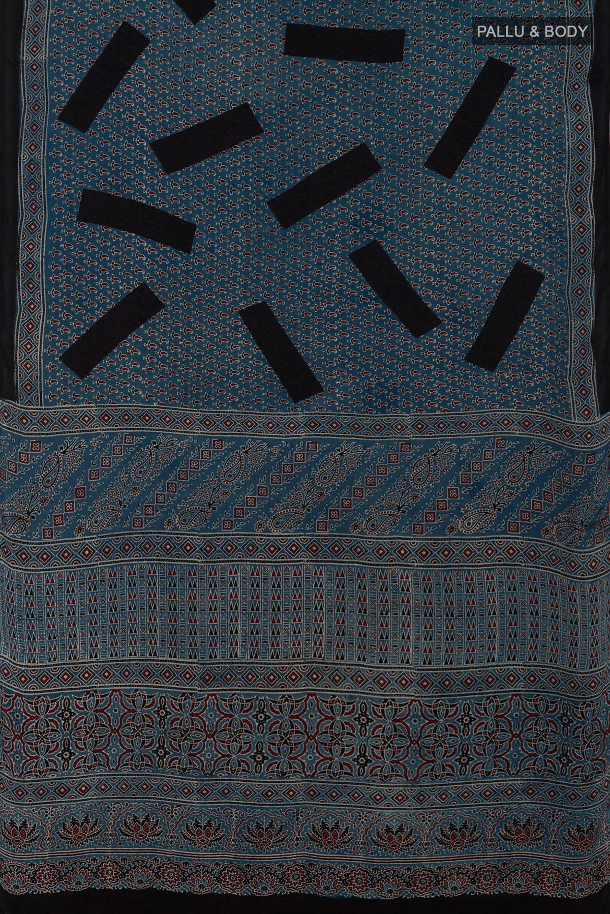 Flat view of Blue Blended Satin Silk Saree with Ajrakh Print on the body and Printed Border. 