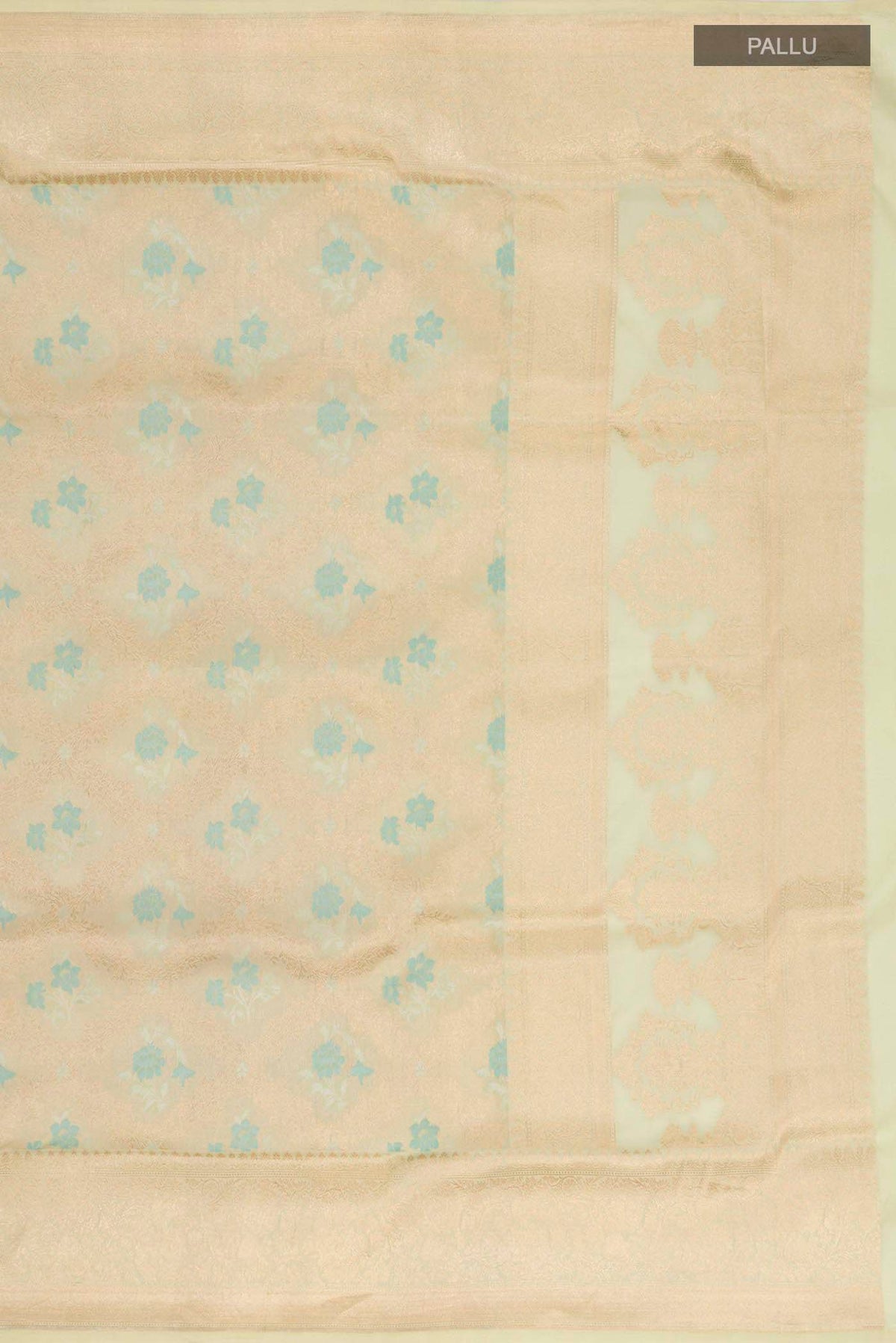 Close up image of the pallu of Beige Banarasi Silk Saree with Zari And Thread Butta on the body and Zari Border
