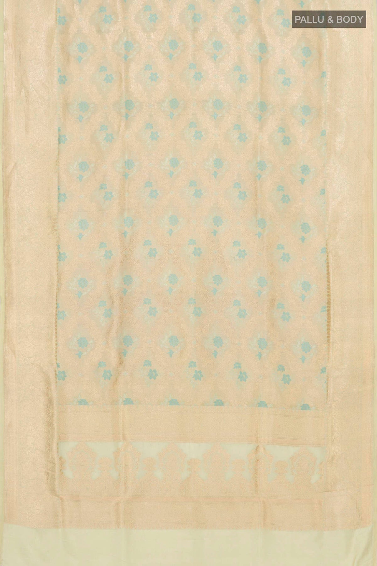 Flat view of Beige Banarasi Silk Saree with Zari And Thread Butta on the body and Zari Border