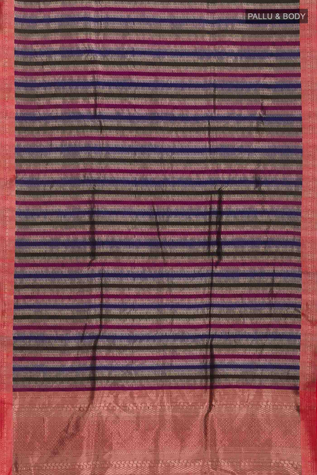 Flat view of Multi Banarasi Silk Saree with Stripes on the body and Zari Border