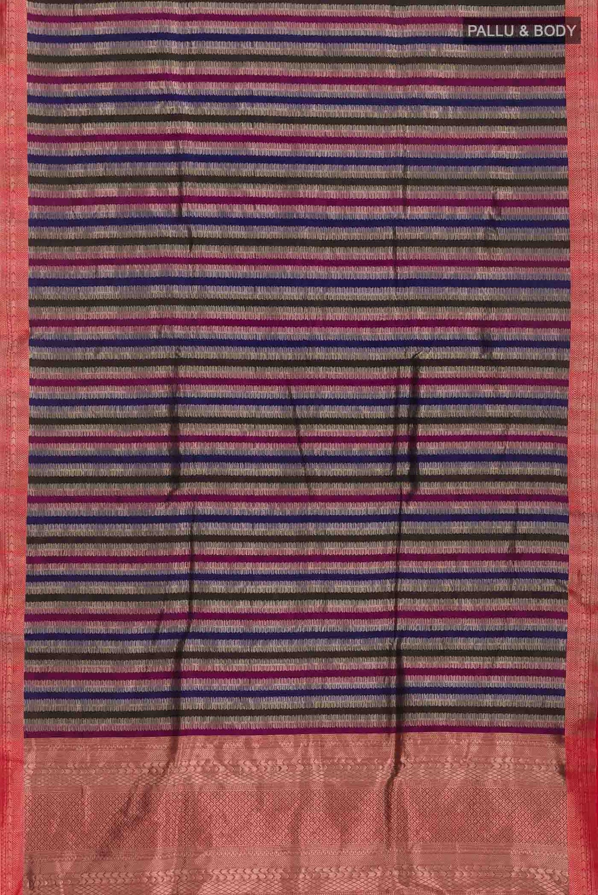 Flat view of Multi Banarasi Silk Saree with Stripes on the body and Zari Border