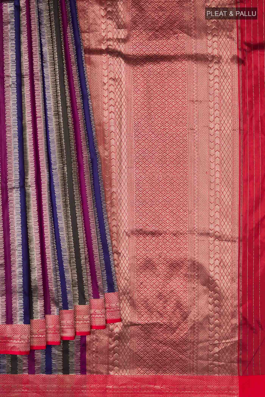 Pleats and pallu of Multi Banarasi Silk Saree with Stripes on the body and Zari Border
