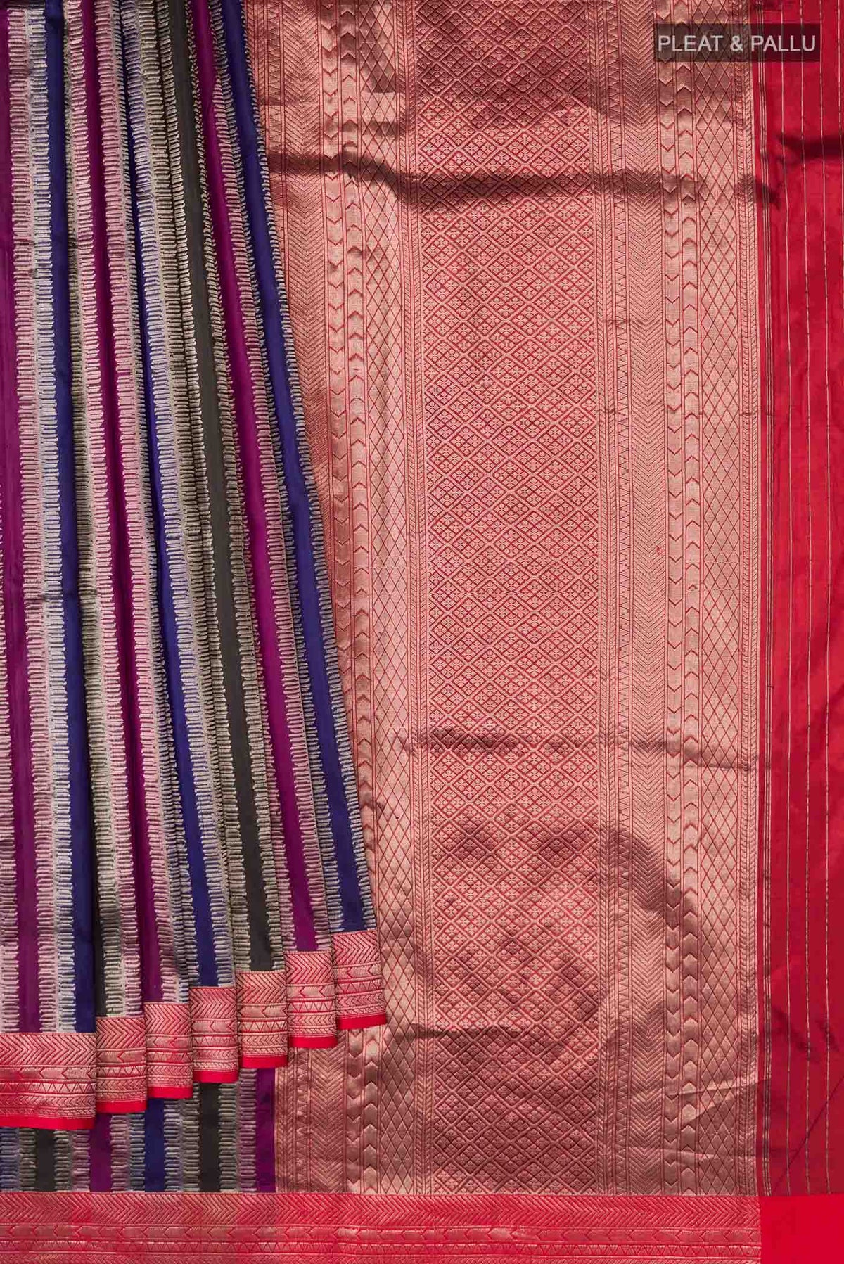 Pleats and pallu of Multi Banarasi Silk Saree with Stripes on the body and Zari Border