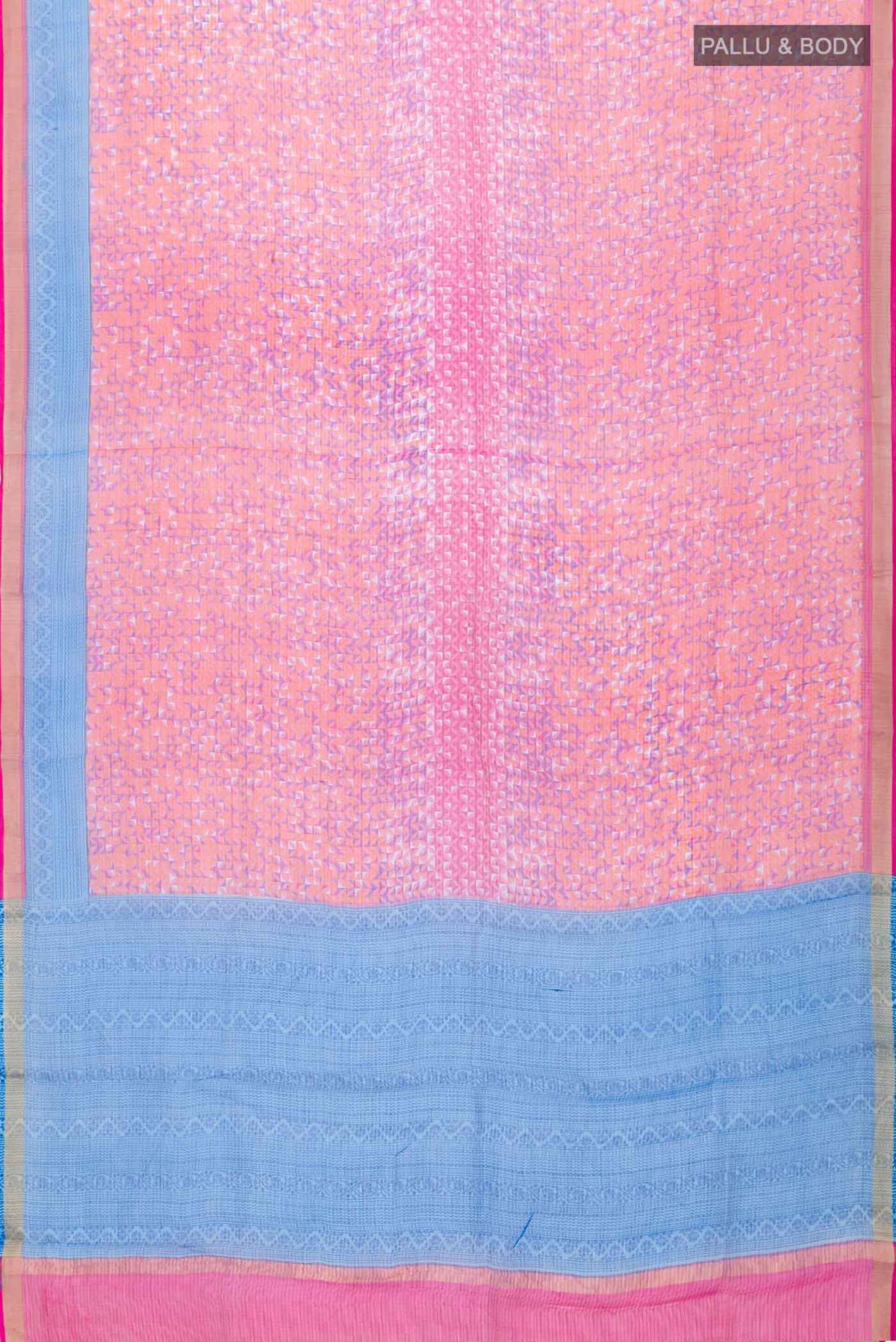 Flat view of Orange Kota Silk SareePrinted design on the body and Zari Border