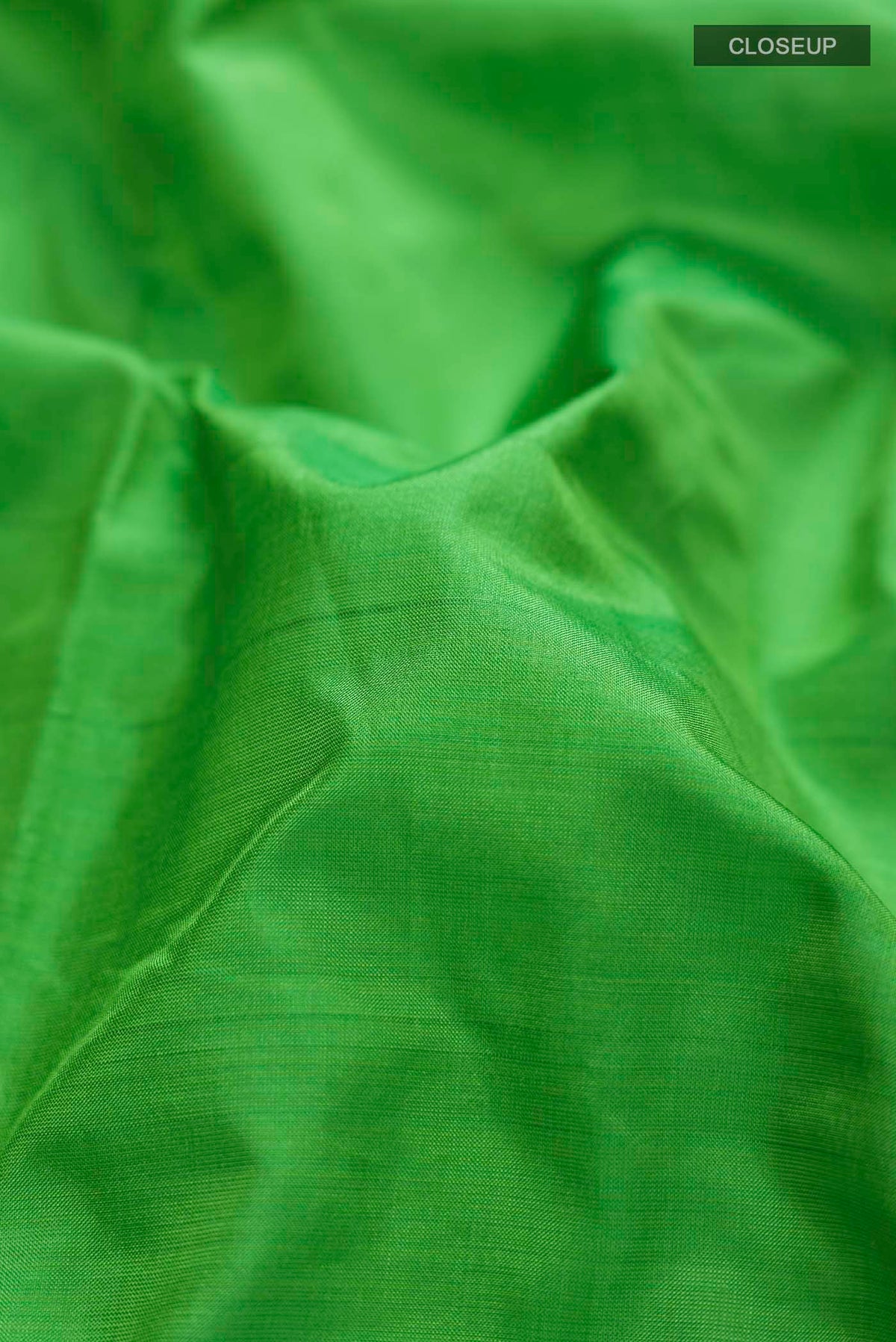 Close up of Green Kanchipuram Silk Nine Yards Saree with Plain Body and Zari Border displaying folds