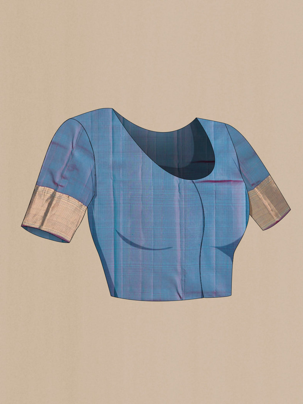 Close up image of the blouse of Blue Kanchipuram Silk Saree with Plain Body and Zari Border