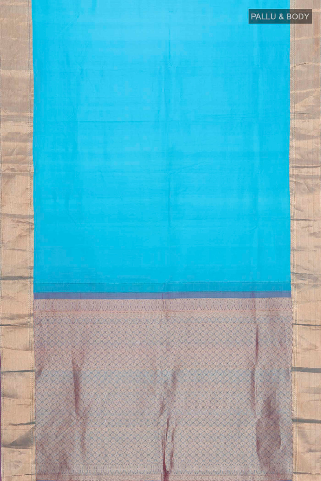 Flat view of Blue Kanchipuram Silk Saree with Plain Body and Zari Border