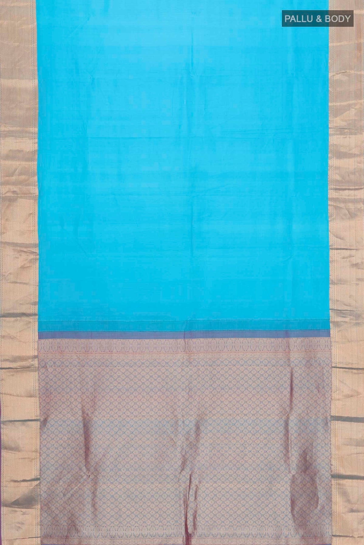 Flat view of Blue Kanchipuram Silk Saree with Plain Body and Zari Border