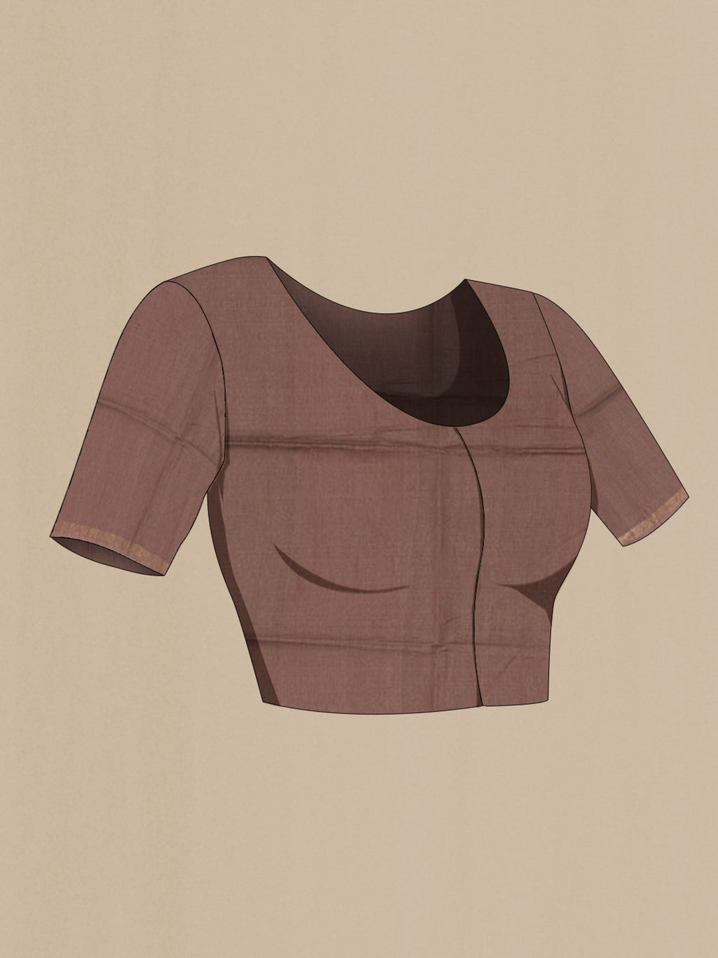 Close up image of the blouse of Brown Tussar Silk Saree with Printed design on the body and Thin Zari Line. 