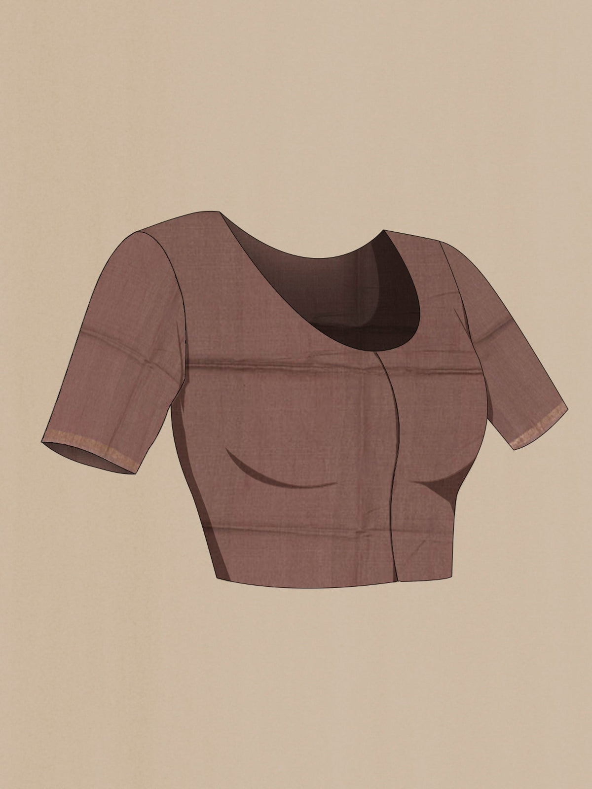 Close up image of the blouse of Brown Tussar Silk Saree with Printed design on the body and Thin Zari Line. 
