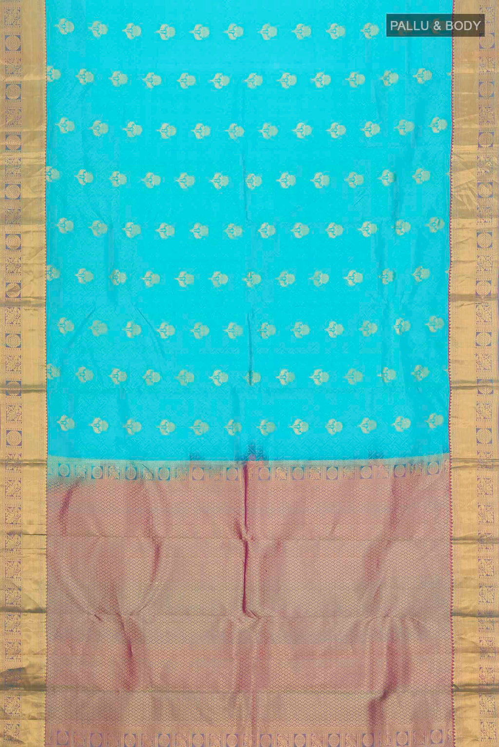 Flat view of Blue Kanchipuram Silk Saree with Jacquard With Zari Butta on the body and Zari Border