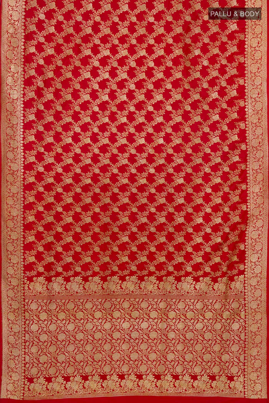 Flat view of Red Banarasi Saree with Zari Brocade on the body and Zari Border. 