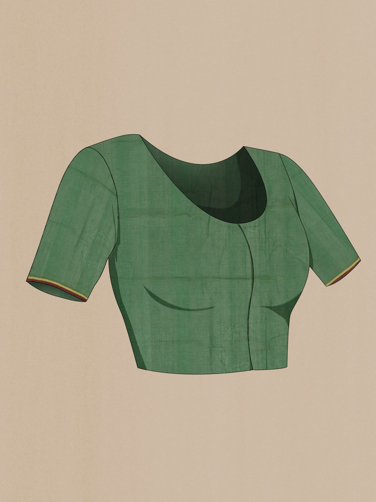 Close up image of the blouse of Green Coimbatore Cotton Saree with Checked design on the body and Without Border. 