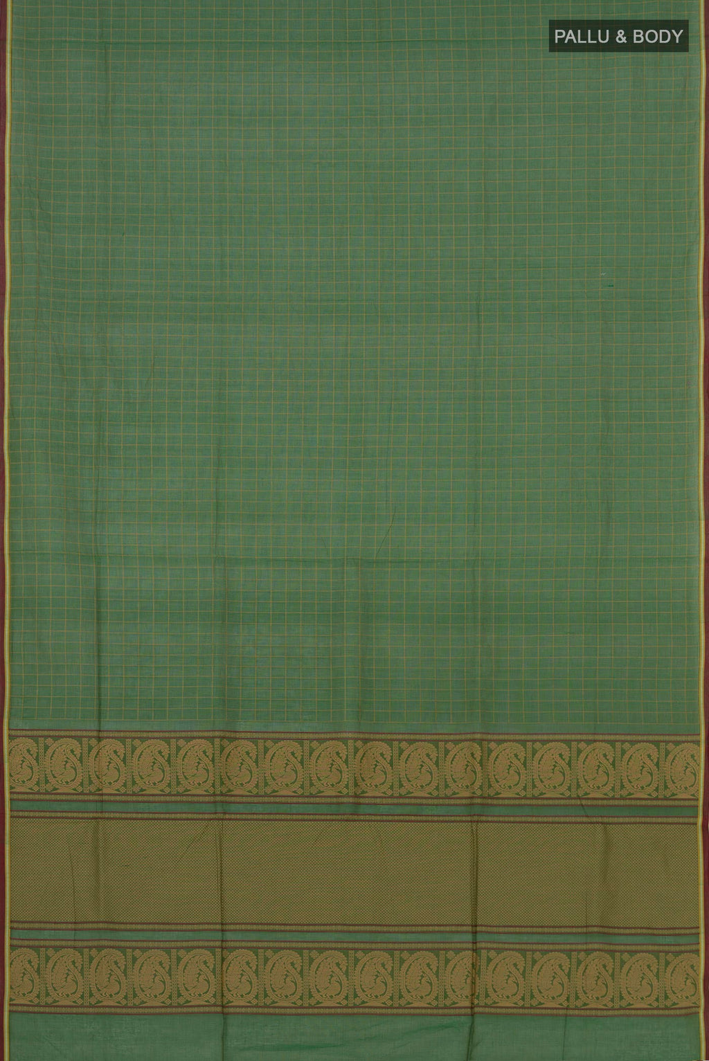 Flat view of Green Coimbatore Cotton Saree with Checked design on the body and Without Border. 