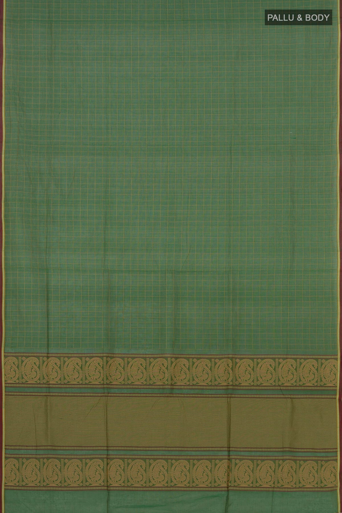 Flat view of Green Coimbatore Cotton Saree with Checked design on the body and Without Border. 