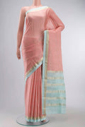Peach Mysore Crepe Saree with Checked design on the body and Zari Border displayed on a mannequin