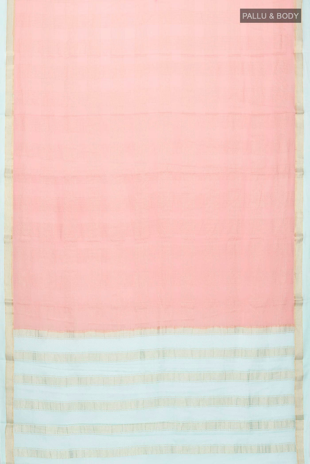 Flat view of Peach Mysore Crepe Saree with Checked design on the body and Zari Border