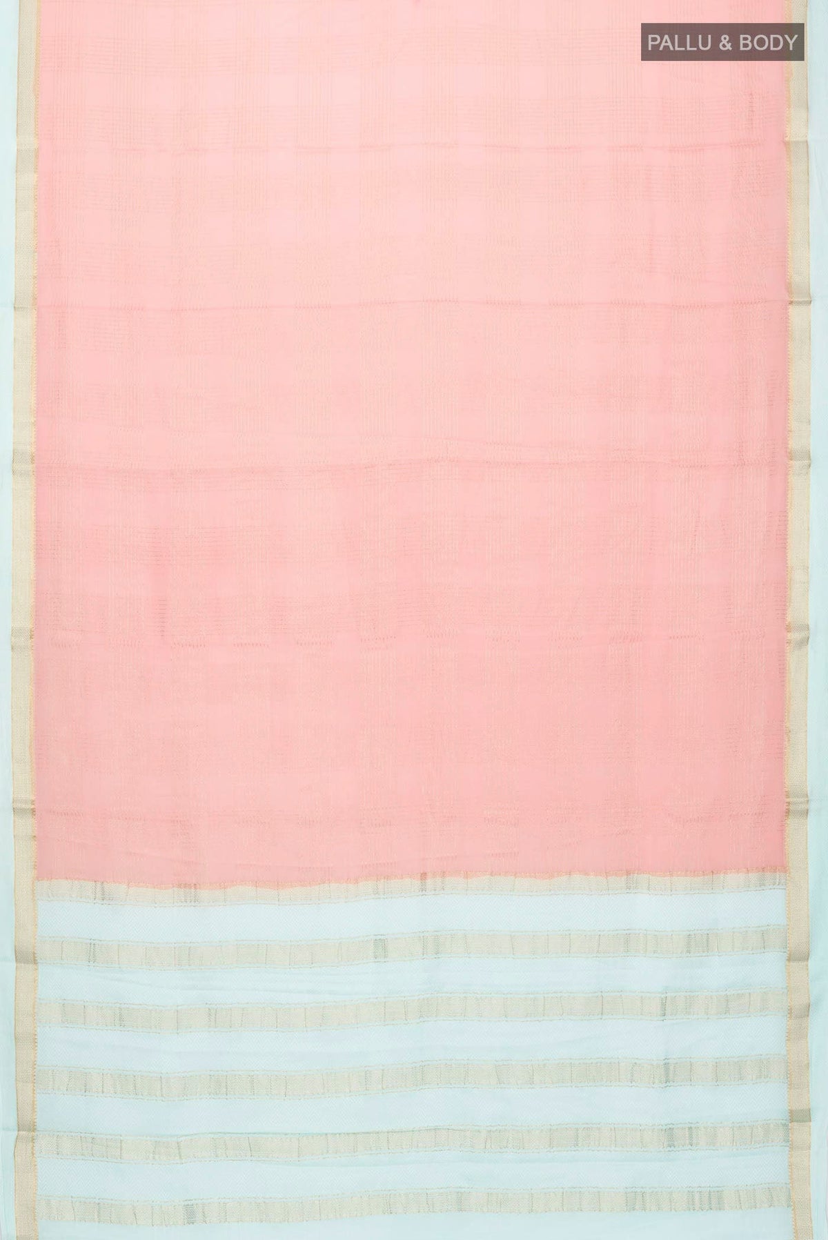 Flat view of Peach Mysore Crepe Saree with Checked design on the body and Zari Border