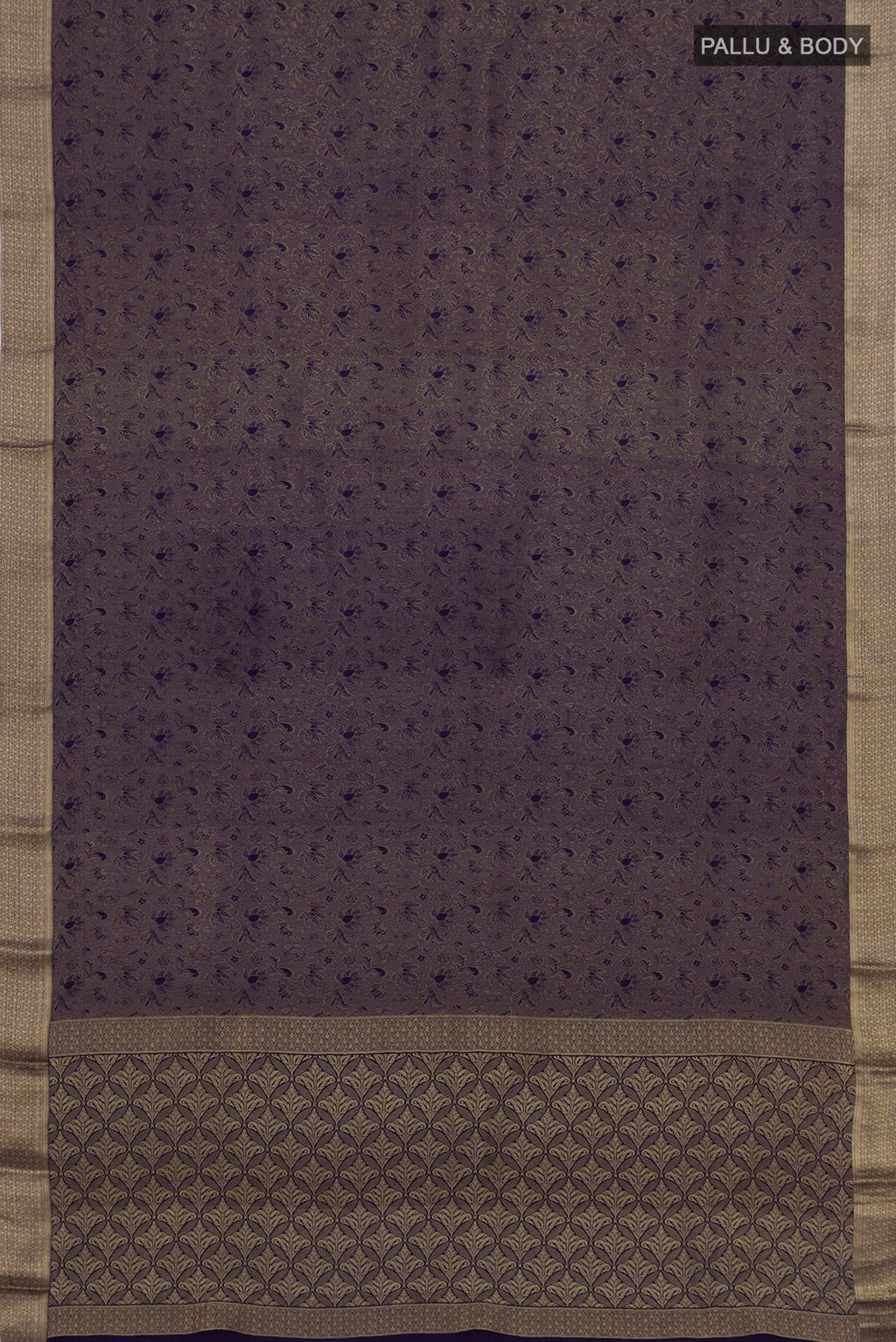 Flat view of Navy Blue Mysore Crepe Saree with Zari Brocade on the body and Zari Border. 