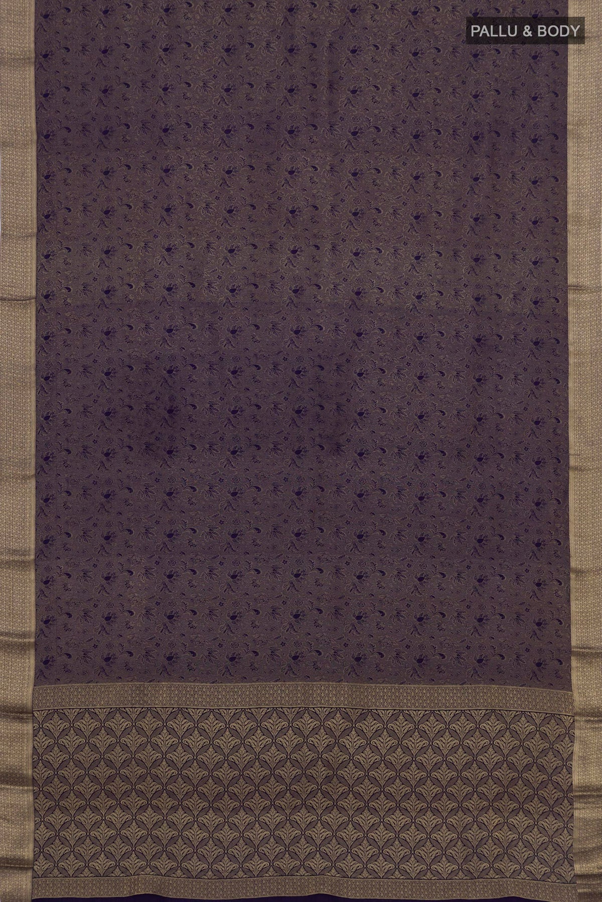Flat view of Navy Blue Mysore Crepe Saree with Zari Brocade on the body and Zari Border. 