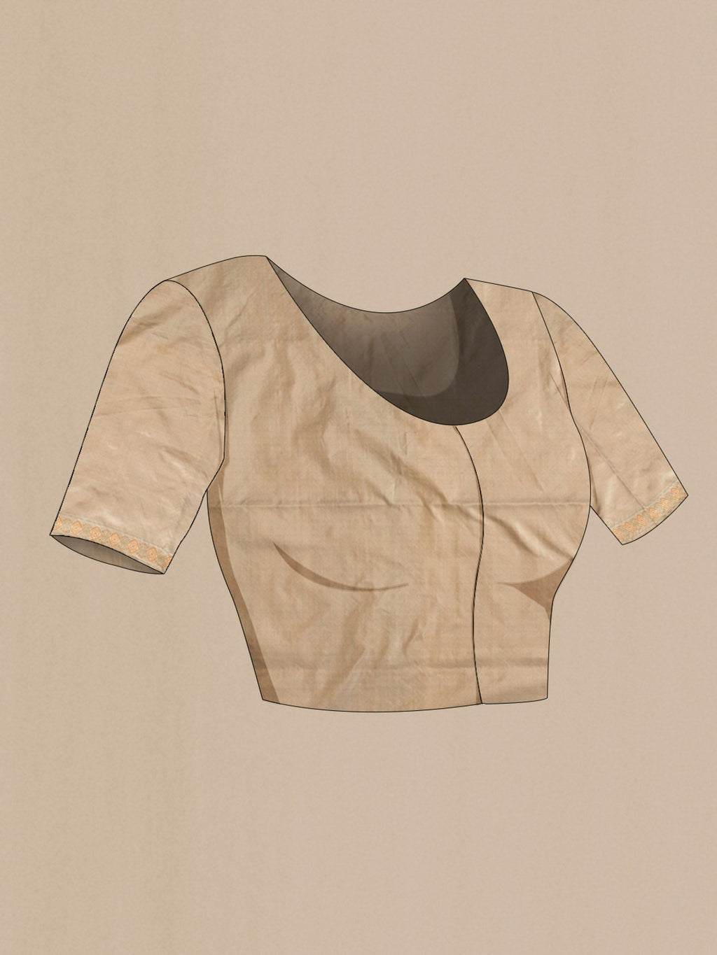 Close up image of the blouse of Beige Banarasi Tanchoi Silk Saree with Jacquard design on the body and Thread Border