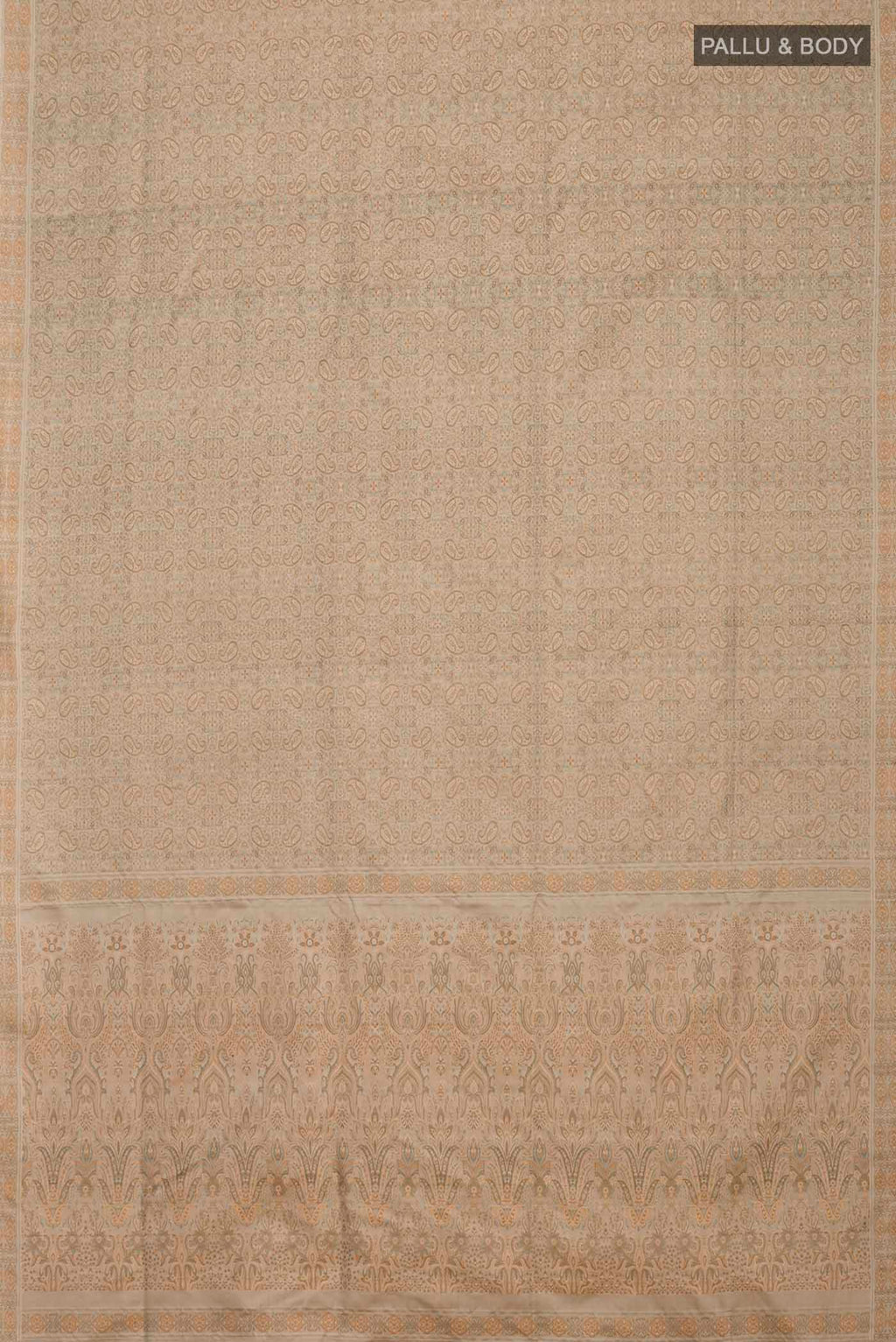 Flat view of Beige Banarasi Tanchoi Silk Saree with Jacquard design on the body and Thread Border