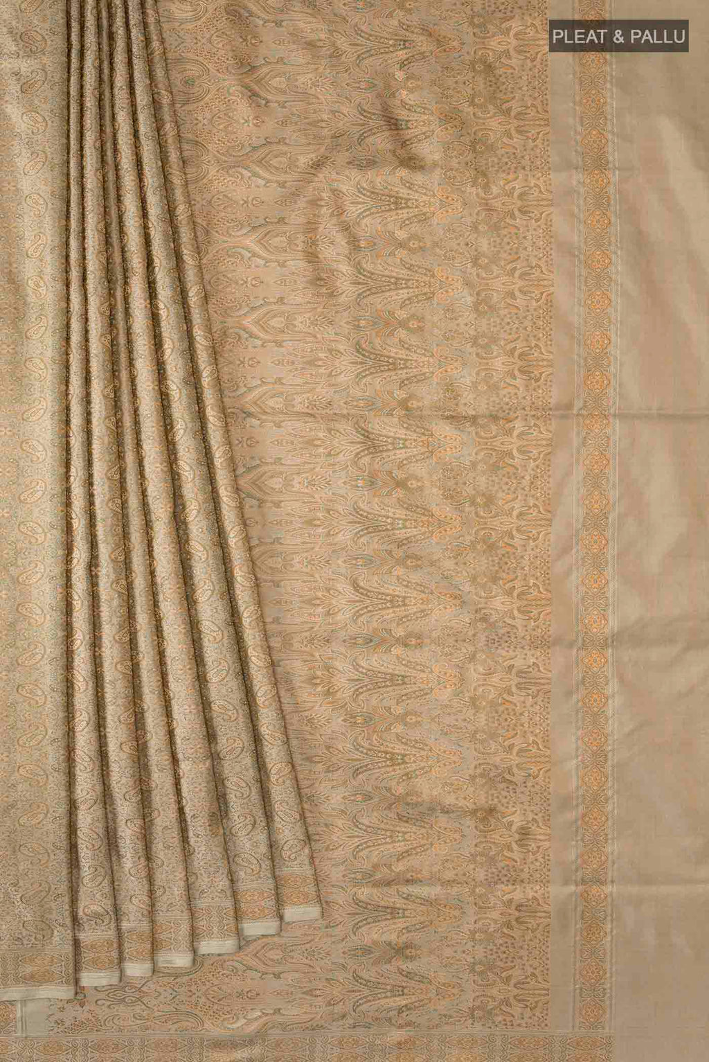 Pleats and pallu of Beige Banarasi Tanchoi Silk Saree with Jacquard design on the body and Thread Border