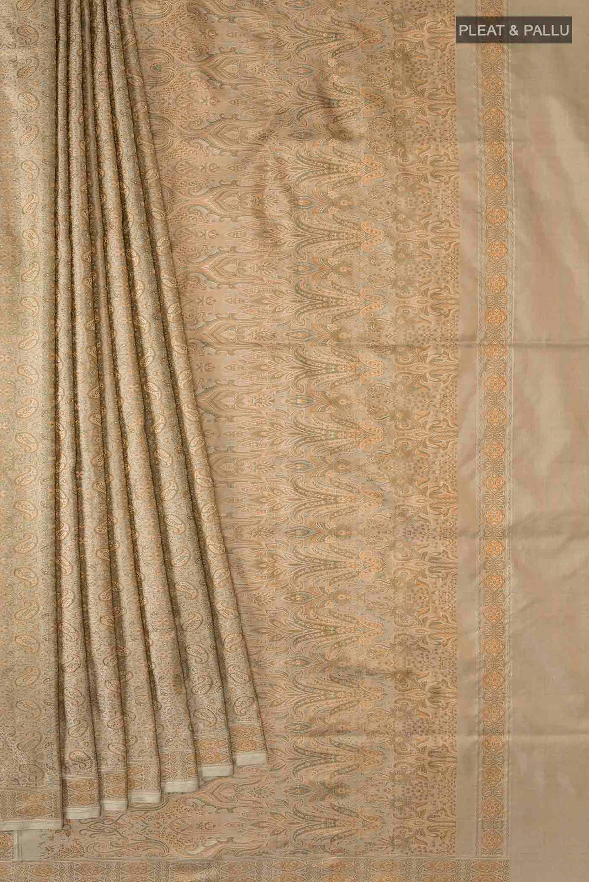 Pleats and pallu of Beige Banarasi Tanchoi Silk Saree with Jacquard design on the body and Thread Border