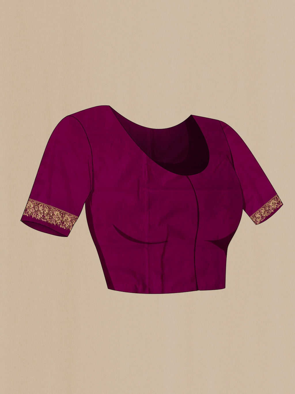 Close up image of the blouse of Purple Banarasi Silk Saree with Plain Body and Thread Border. 
