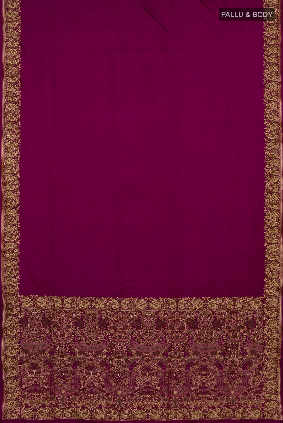 Flat view of Purple Banarasi Silk Saree with Plain Body and Thread Border. 