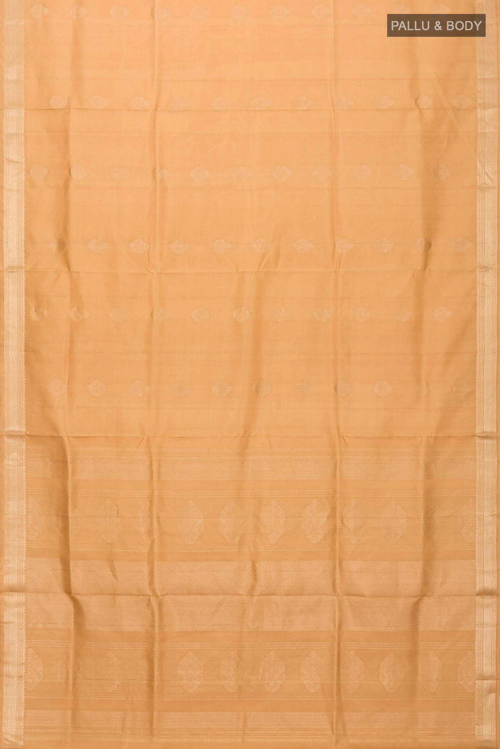 Flat view of Brown Soft Silk Saree with Zari Butta on the body and Zari Border