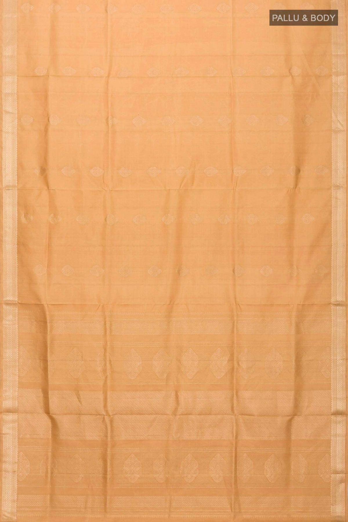 Flat view of Brown Soft Silk Saree with Zari Butta on the body and Zari Border