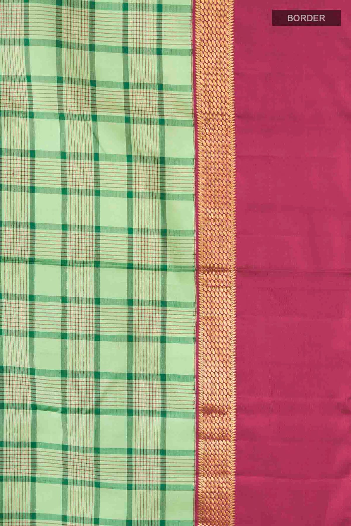 Border image of Green Kanchipuram Silk Saree with Checked design on the body and Zari Border