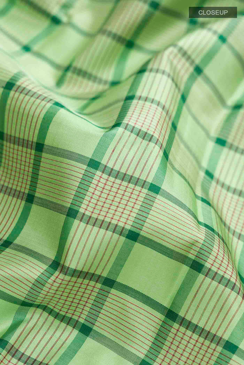 Close up of Green Kanchipuram Silk Saree with Checked design on the body and Zari Border displaying folds