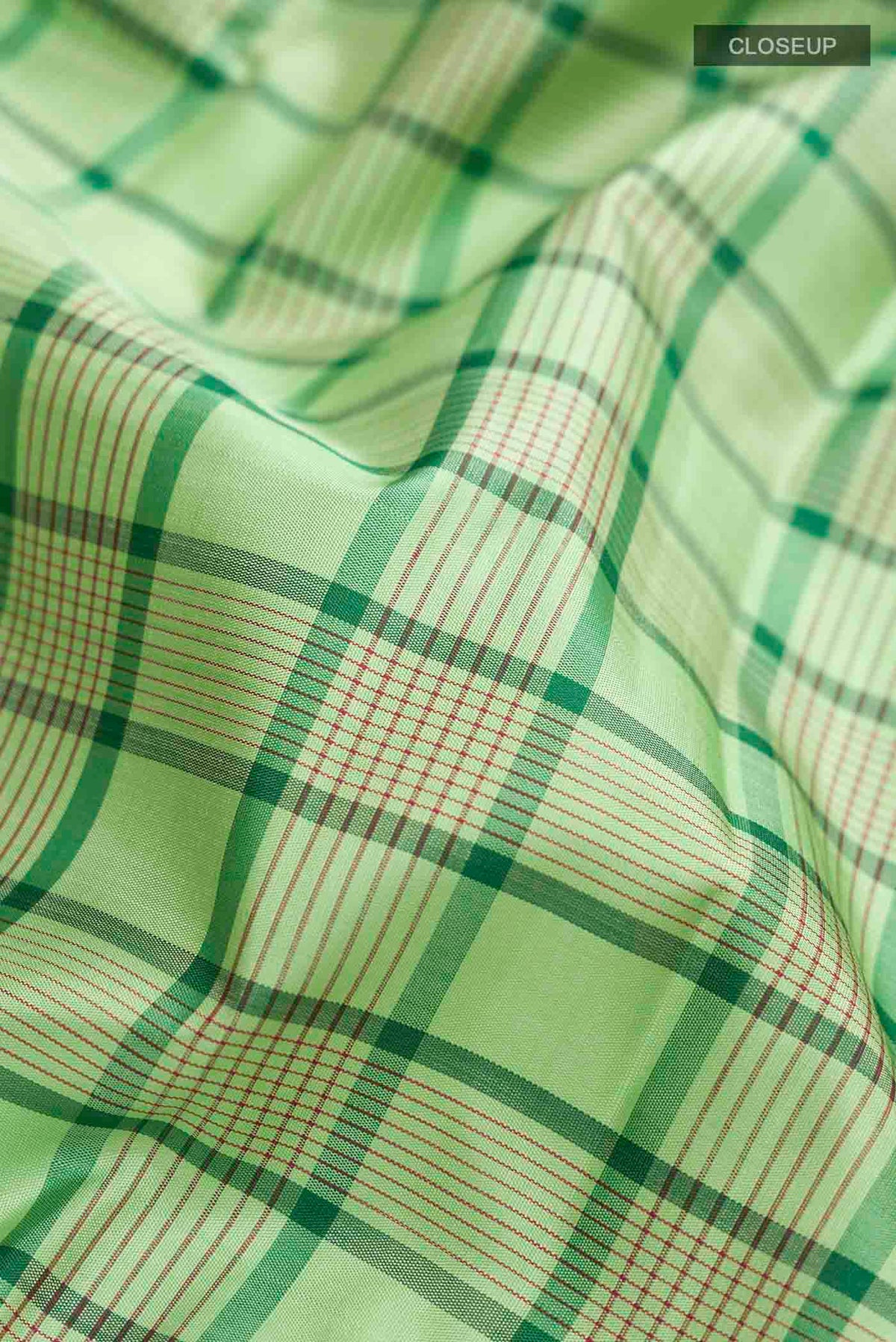 Close up of Green Kanchipuram Silk Saree with Checked design on the body and Zari Border displaying folds