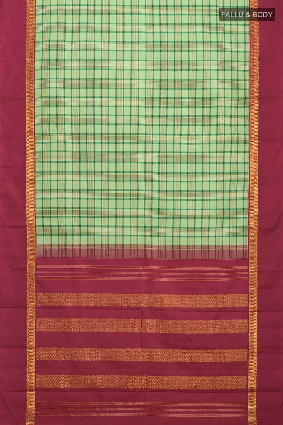 Flat view of Green Kanchipuram Silk Saree with Checked design on the body and Zari Border