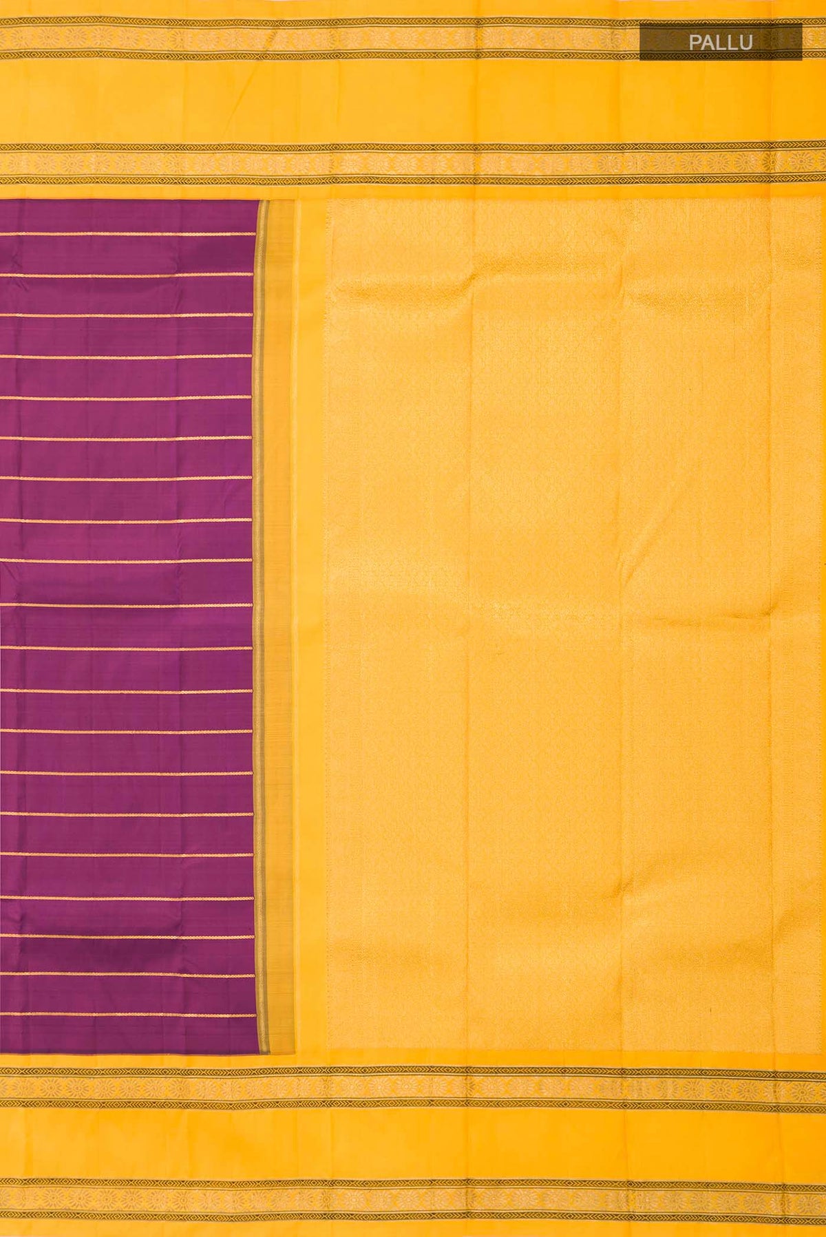 Close up image of the pallu of Purple Kanchipuram Silk Saree with Stripes on the body and Zari Border