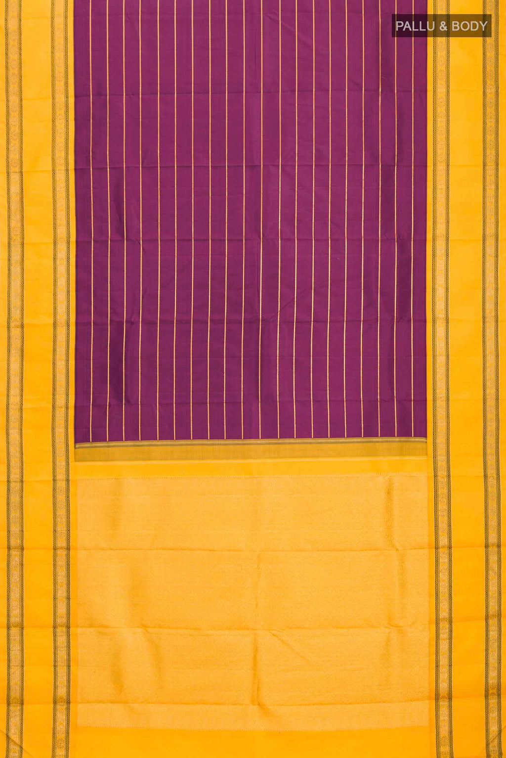 Flat view of Purple Kanchipuram Silk Saree with Stripes on the body and Zari Border