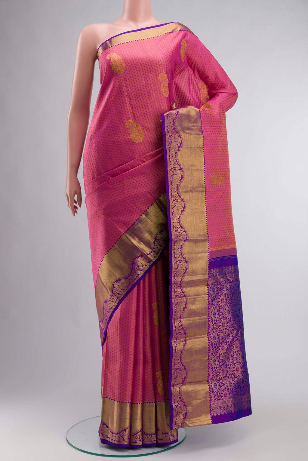 Multicolor Kanchipuram Silk Saree with Jacquard With Zari Butta on the body and Zari Border displayed on a mannequin