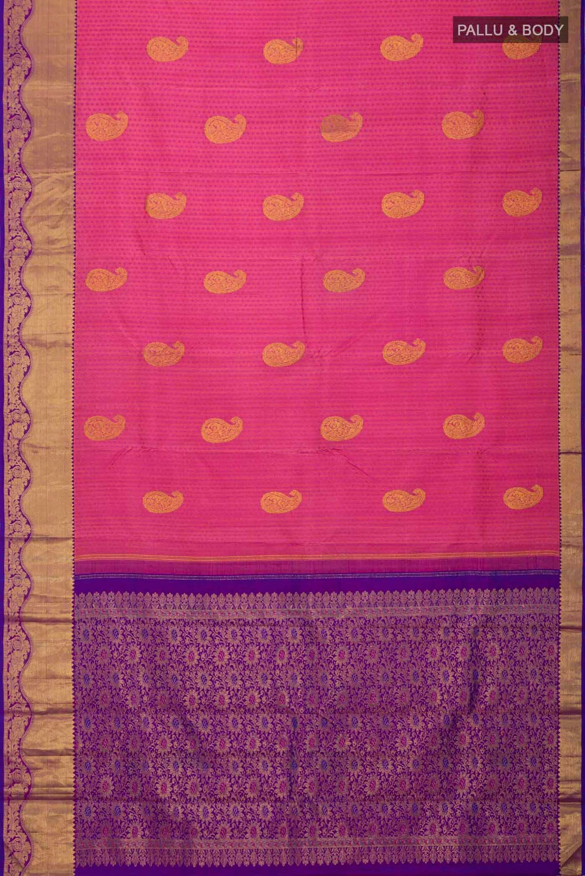 Flat view of Multicolor Kanchipuram Silk Saree with Jacquard With Zari Butta on the body and Zari Border