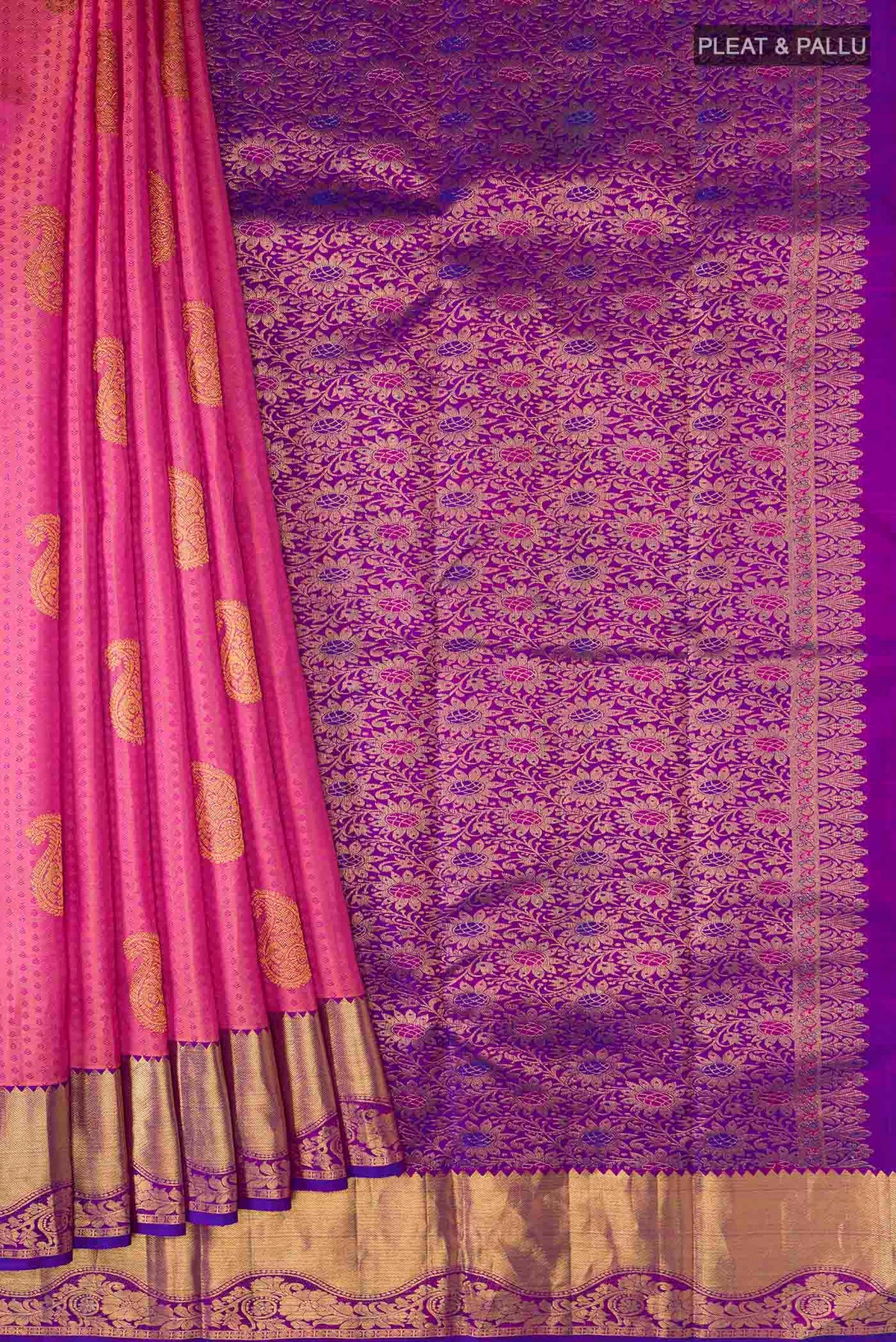 Pleats and pallu of Multicolor Kanchipuram Silk Saree with Jacquard With Zari Butta on the body and Zari Border