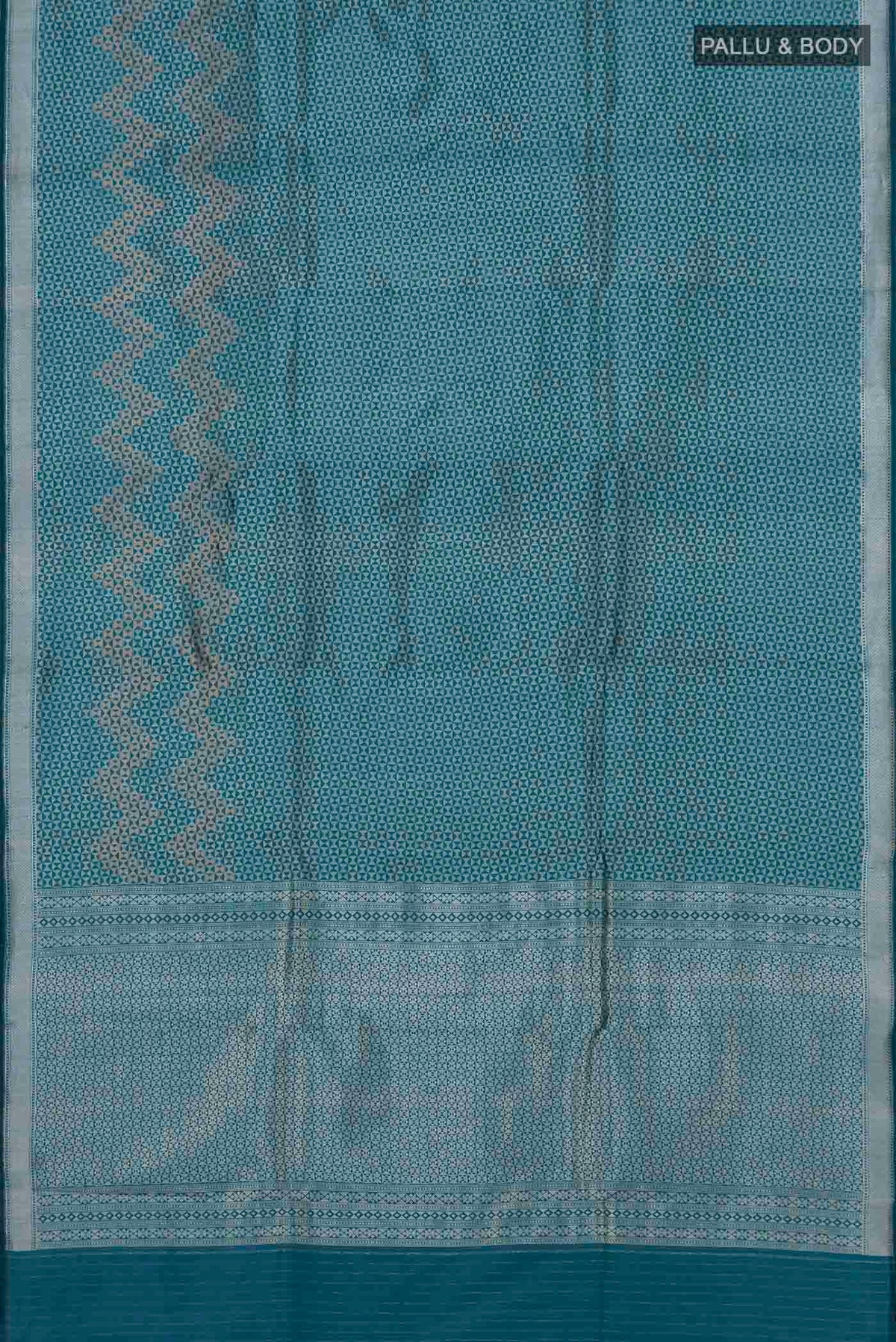 Flat view of Turquoise Banarasi Katan Silk Saree with Zari Brocade on the body and Zari Border