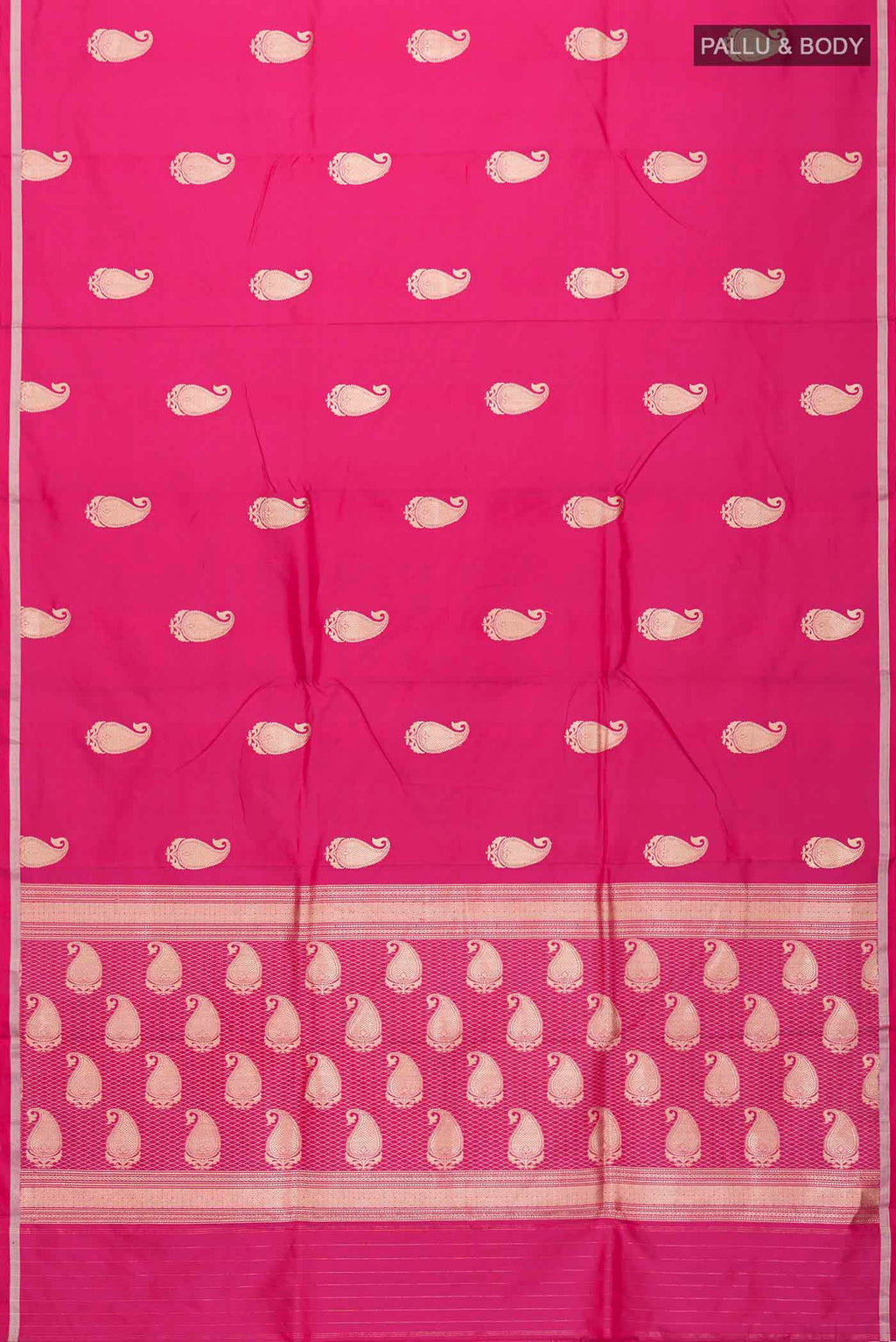 Flat view of Pink Banarasi Silk Saree with Zari Butta on the body and Zari Border