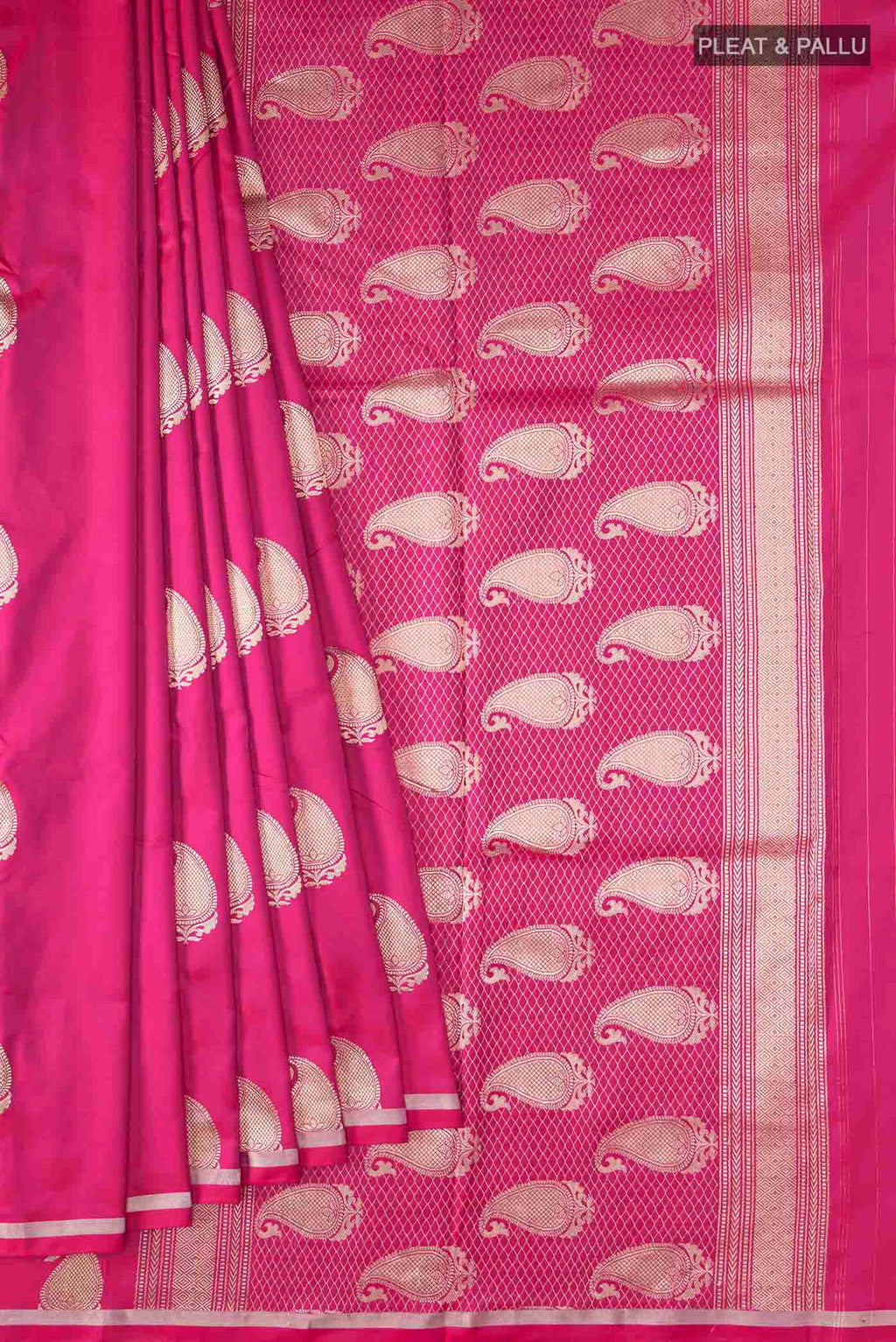 Pleats and pallu of Pink Banarasi Silk Saree with Zari Butta on the body and Zari Border